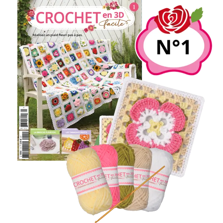 Le N°1 : Le fascicule + 5 pelotes + 1 crochet + le guide de démarrage pour réaliser le carré fleur de cornouiller